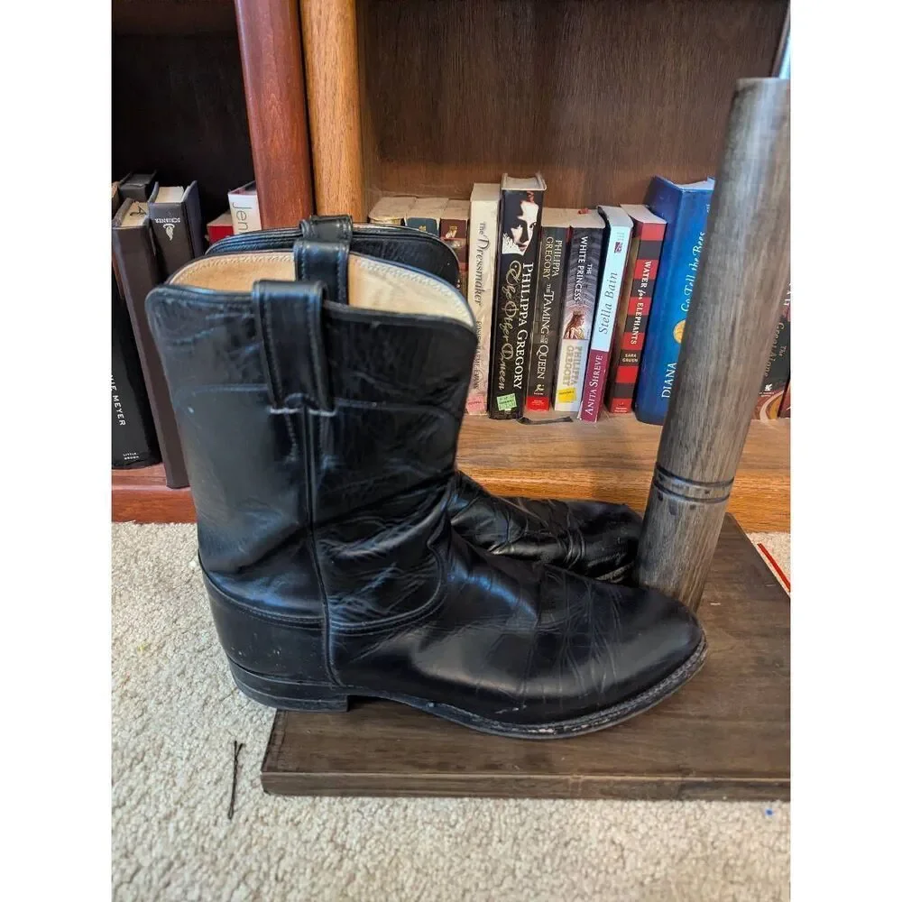Justin Boots Mens 11.5D Roper Cowboy Western Mid Calf Black Leather Pull On